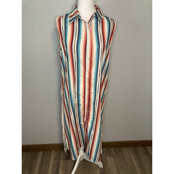 Long Duster Kimono Shirt Dress M Boho Flowy Hippie Floral Western Fairy Button - Picture 1 of 8